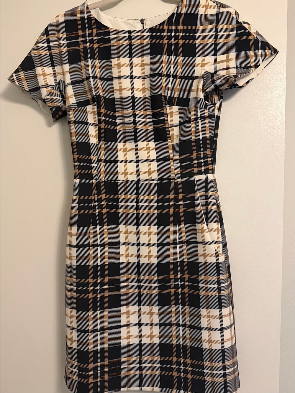 French Connection Black White and Tan Plaid Sheath Dress